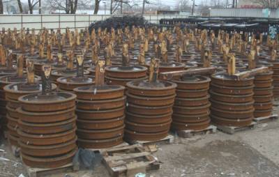 Used Train Wheels Being Processed as Scrap Metal at Fortune Riverside Scrap Metals, Rahway, NJ about 2012.