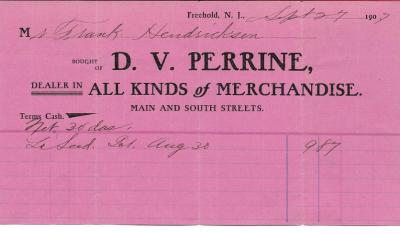 D. V. Perrine's General Store, Freehold NJ bill head