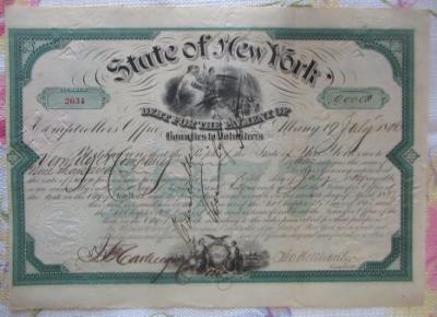 1866 New York Civil War Bond For The Debt of The Payment of Bounties To Volunteers