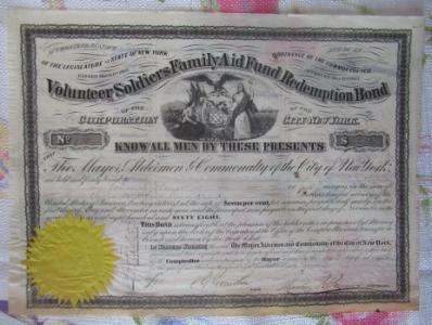 1865 Volunteer Soldiers Family Aid Fund Redemption bond