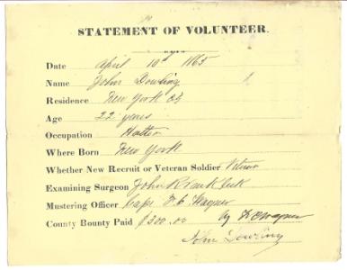 1865 Civil War Army Recruit Statement of Volunteer, NYC