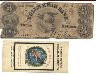 1860 Bull's Head Bank, New York, 3 Dollars