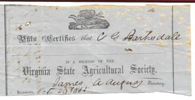 1855 Membership Receipt for the Virginia State Agricultural Society, Richmond, VA