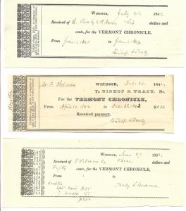 1838 & 1842 Receipts from The Vermont Chronicle