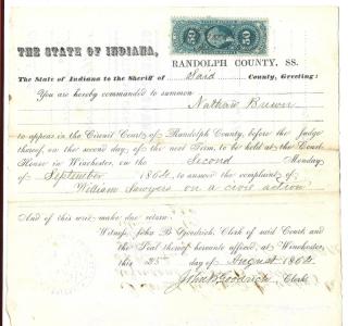 1864 State of Indiana Circuit Court Summons