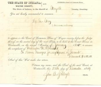 1864 State of Indiana Court of Common Pleas Summons